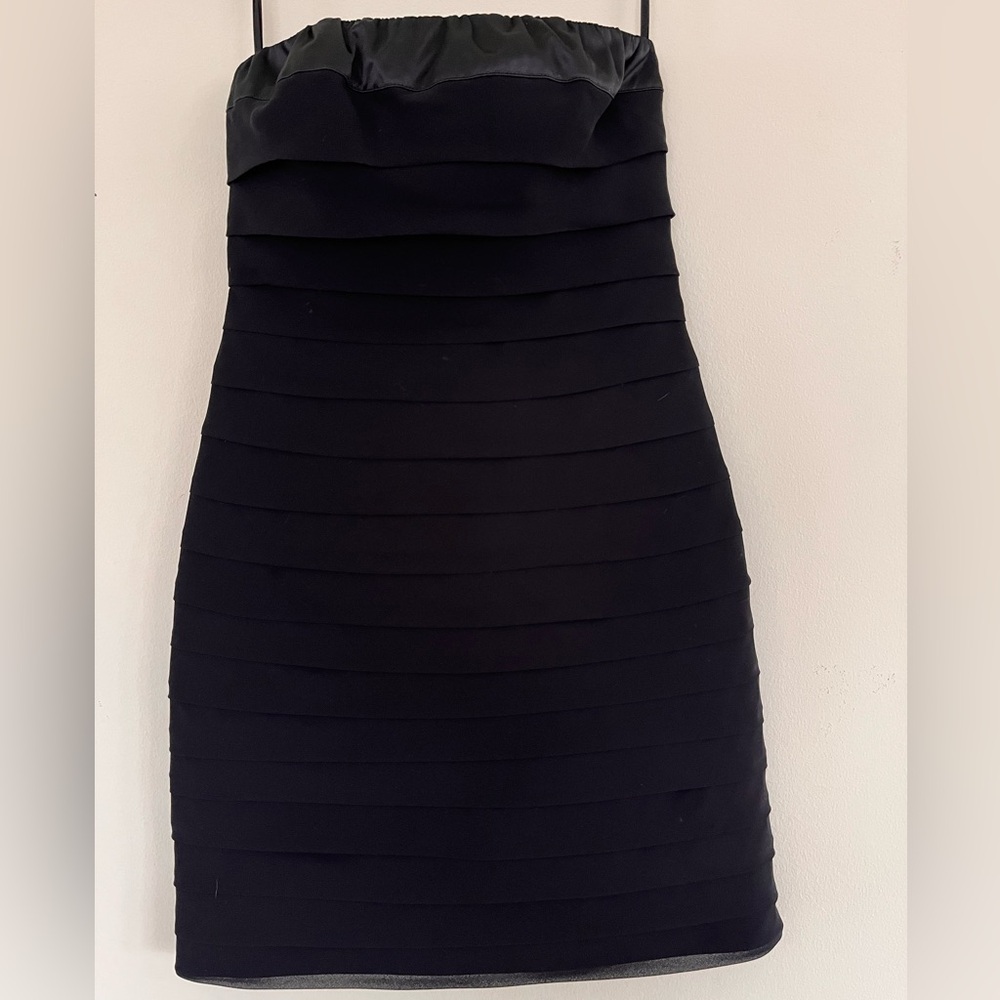 The Limited Black Ribbed Ruched Strapless Bodycon Dress